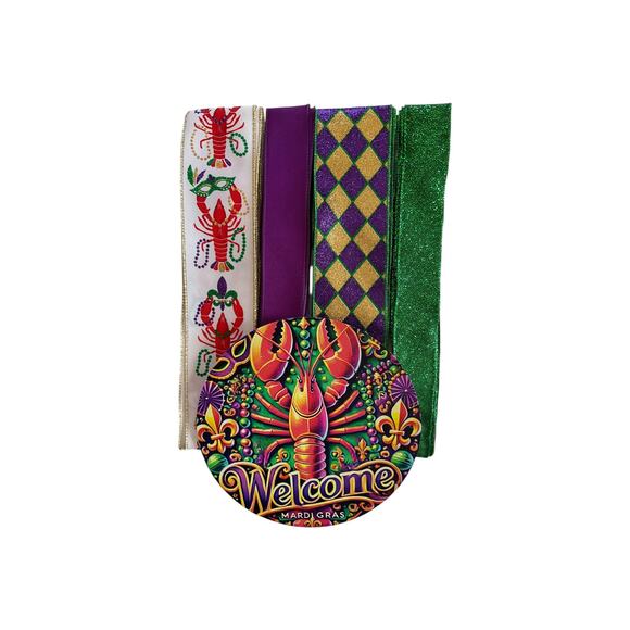 Mardi Gras Wreath Kit | Welcome Crawfish Sign & Ribbons Bundle | DIY Home Decor - Picture 4 of 5